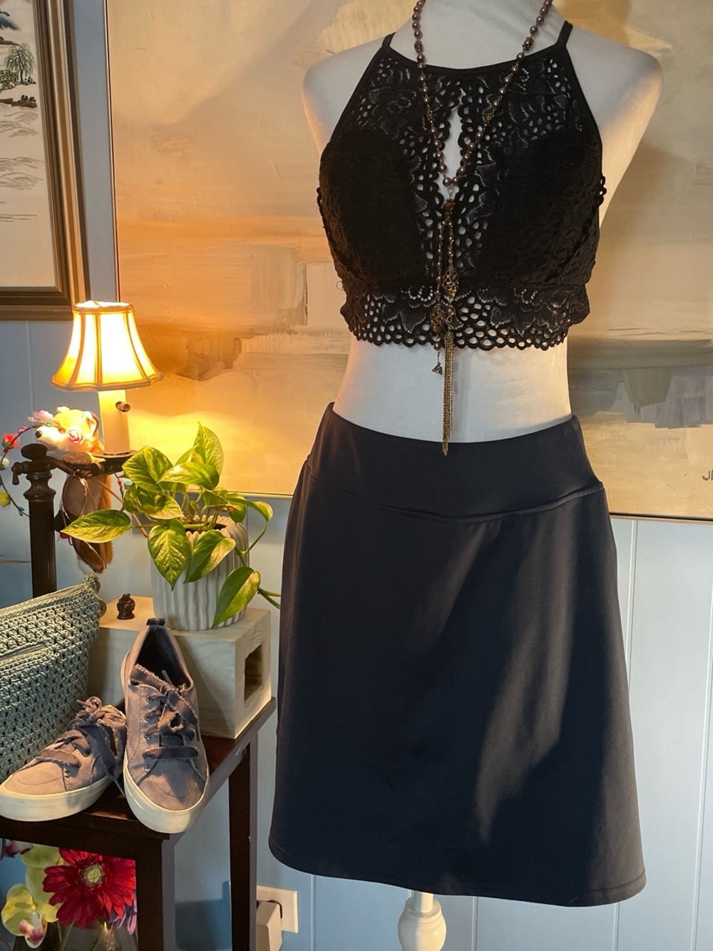 Oyamiki Navy A-Line Midi Skirt